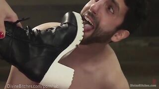 Muscled Dominatrix beats and dominates her slaveboy