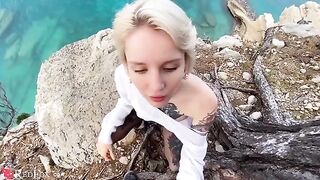 The cute girlfriend passionately sucks her ex-boyfriend's big dick on the shore