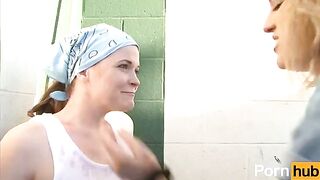 The lesbians have fun with a new girl in the garage in a steamy scene