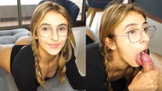 A sexy girl made a deep blowjob and received a thick throat pie