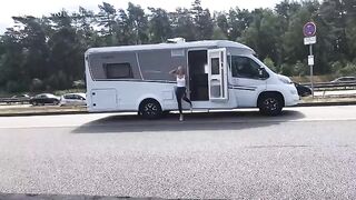 Fucked at the A1 motorway - Drench me in wet look leggings and cum
