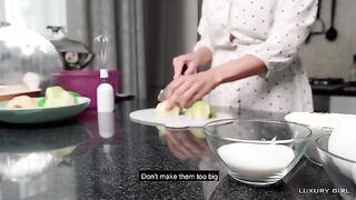 Hot American pie scene with Luxury Girl in the kitchen, showcasing her stunning 36D curves