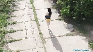 A pervert guy spies on a hot babe taking a piss with his drone and fucks her