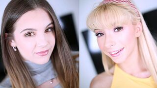 Two beautiful babes with cute faces show their oral talents in an audition scene