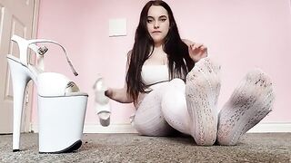 Foot-fetish and white tights with pleaser heels action