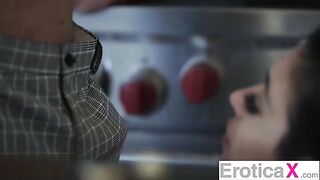 The cute couple has passionate and erotic sex right in the kitchen