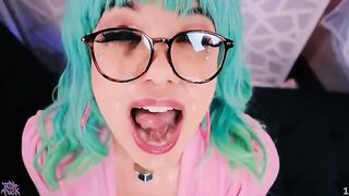Little Puck's sticky face covered with huge cumshots