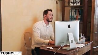 A stunning woman named Nancy seduces her coworker and gets her ass fucked