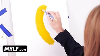 Artistic MILF with huge boobs seduces and fucks her male nude painting model