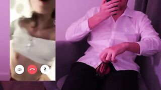 A man couldn't hold back and his cum ran out onto his dick in front of his girlfriend on a video call