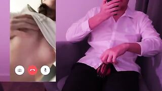 A man couldn't hold back and his cum ran out onto his dick in front of his girlfriend on a video call