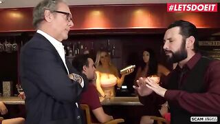 Two voluptuous women getting fucked by a horny boss in a steamy scene
