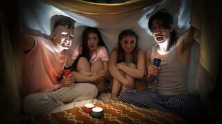Naughty boys tell a spooky story to scare and fuck Penelope Kay and Aubrey Valentine in a steamy foursome