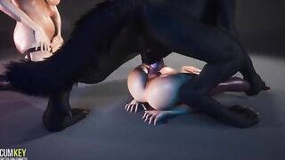 Beautiful girls seduce a werewolf to get fucked hard