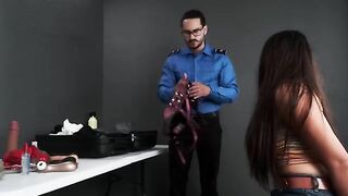 The sexy TSA agent found a toy in the girl's bag and fucked her