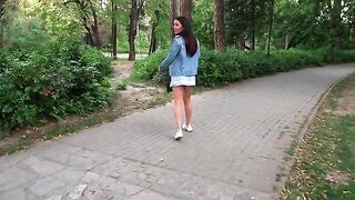 Hot brunette makes a blowjob in the park and swallows fresh cum