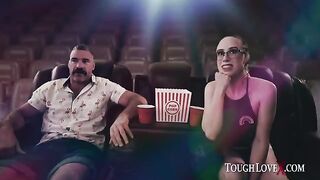 The girl is alone in the cinema, she's playing around
