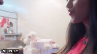 The baker competes with a girl who loves to eat