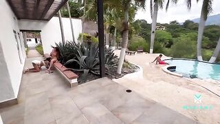 A girl has sex with her boyfriend and his stepsister in the pool