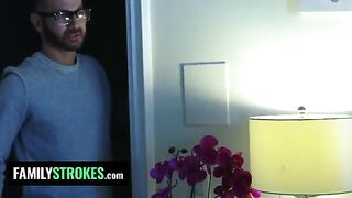 The stepdaughter pleases her stepfather while her stepmom is nearby