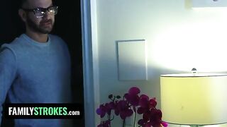 The stepdaughter pleases her stepfather while her stepmom is nearby