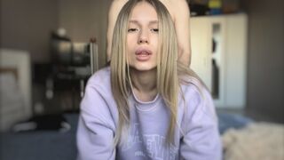 The cute girl shows her body and helps her boyfriend orgasm