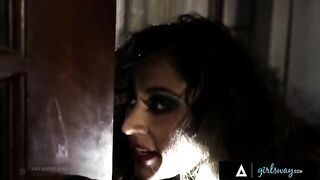 An investigator, Riley Reid, ravenously has her pussy eaten by a hooker, Reena Sky, on the couch