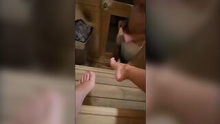 This fat guy jerks off in sauna and gets his dick sucked