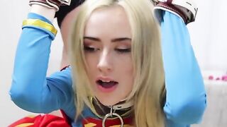 Candy White, the petite blonde, performs solo bondage and blowjob acts