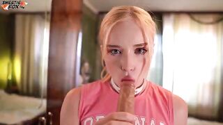 Fucked beauty through a hole in jeans and cum in mouth