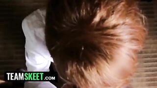 Ginger housekeeper Abbey Rain gets dominated and cum on her knees