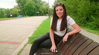 Babe fucks in the park and swallows cum in her mouth