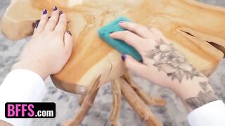 Hot Sugar Babes in maid uniforms, Brooke Johnson, Kitty Cam, and Lily Thot, share a guy’s impressive package