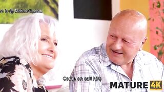 The guy fucks the fat old lady on the table