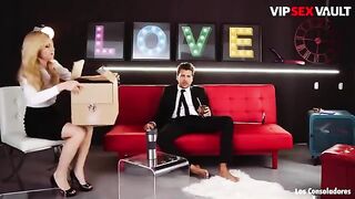 Petite brunette Claudia Bavel enjoys her first threesome on camera