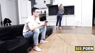 The girl with a small chest is having fun with her stepbrother