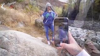 A sexy girl made blowjob after a photo shooting in nature