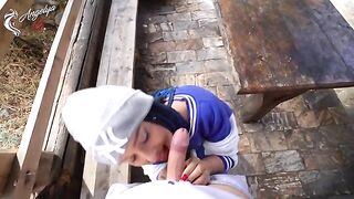 A sexy girl made blowjob after a photo shooting in nature