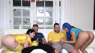 Two hot stepdaughters in costumes getting fucked by their stepdads, a taboo family fantasy