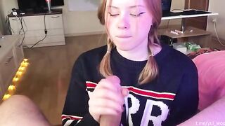 A student girl modestly sucks cock and gets a lot of cum on her