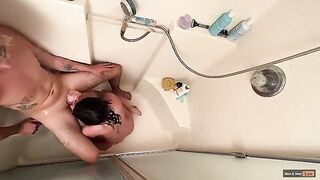 A girl squirts as she gets her tight asshole gapped after showering