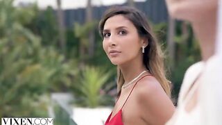 A girl in sexy underwear seduces her lover, showcasing her stunning figure
