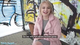 Short haired blonde teen gets fucked at the bus stop for cash