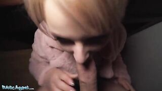 Short haired blonde teen gets fucked at the bus stop for cash