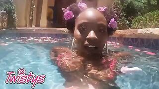 Hot ebony babe Elsie enjoys sensual sex and swimming naked in the pool