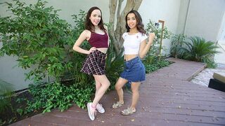 Step daughters Aliya Brynn and Jackie Rogen get cum swapped