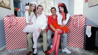 Two cute stepdaughters in costume, Kyler and Alice, swap for Christmas