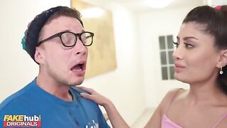 British Indian babe gets cum on glasses and licks it