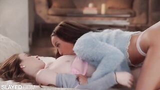 Two petite and sexy girlfriends are having fun without guys, exploring each other sensual lesbian sex