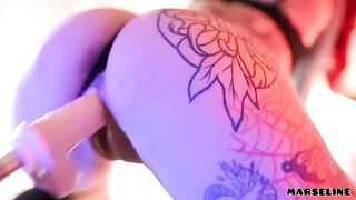 Tattooed teen Marseline rides a dildo with skill